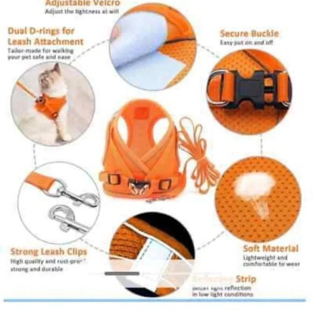 Reflective Dog Harness and Leash Set Neon OrangeNew